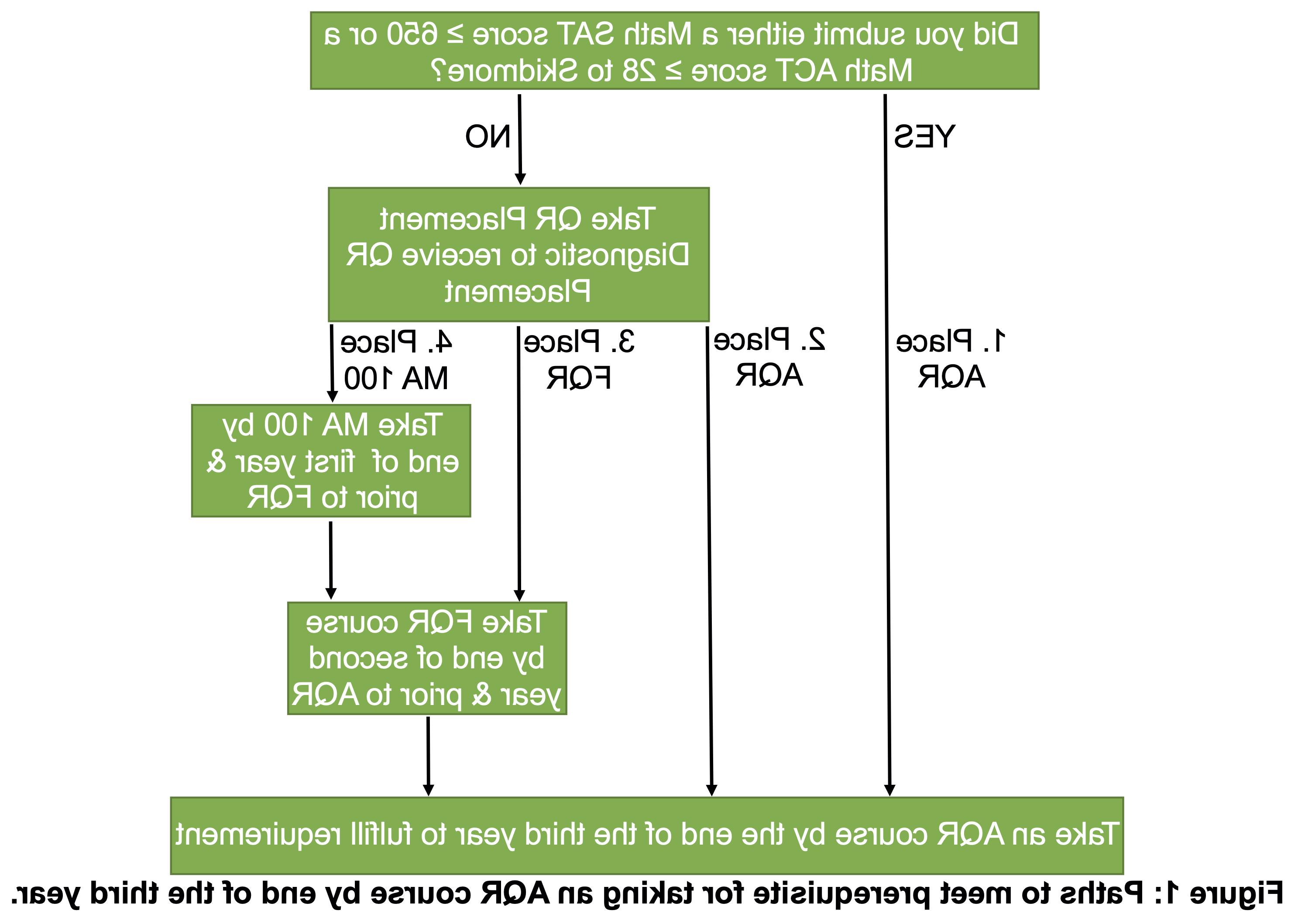 Four paths for QR placement. 1. Achieving a score of at least 650 on the SAT Mathematics (MSAT I) examination, a score of at least 570 on any Mathematics SAT II subject examination (MSAT II), or a score of at least 28 on the Mathematics ACT examination to place directly into an AQR course. ACT or SAT scores must be officially submitted to the College. Please note, listing your scores on your Common Application without having them officially sent to Skidmore does not count. If you have the relevant standardized test score, but did not offically submit your scores to Skidmore, please go to your College Board or ACT account, take a screenshot of the summary page (or print page to PDF) that shows your full name, date of birth, and all of your scores including test dates, and then email that screenshot (or PDF) to registrar@kyzt365.com.  Taking the online QR Placement Diagnostic and placing directly into an AQR course. Incoming students who do not submit ACT or SAT scores or whose scores do not place them into an AQR course must take the online QR Placement Diagnostic. Taking the online QR Placement Diagnostic and placing into a Foundational QR course (FQR course). Students who place into an FQR course must successfully complete it by the end of their second year. These courses, which are offered by a variety of departments, emphasize the application of mathematical calculations and concepts to daily life. Taking the online QR Placement Diagnostic and placing into MA 100 (Quantitative Reasoning). This course, which emphasizes basic quantitative reasoning skills in mathematics and statistics, is required for all students who do not place into an FQR or AQR course and must be successfully completed by the end of their first year. Students must then take and successfully complete an FQR course (as described above) by the end of their second year.